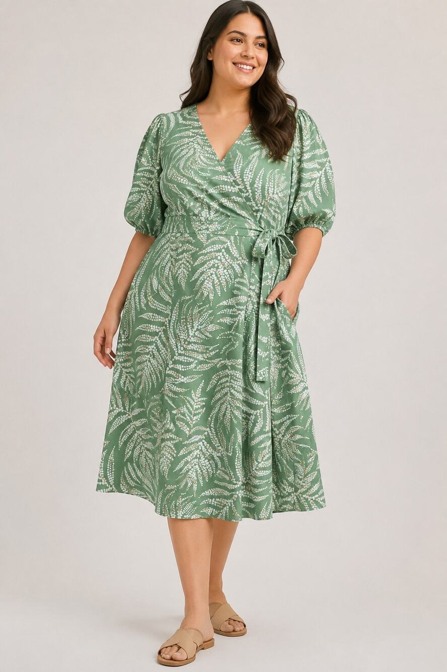 Summersalt Coastal Poplin Puff Sleeve Wrap Midi Dress Dotted Palms 2XL